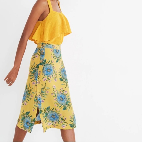 Madewell Women's 100% Silk Side-Button Skirt Painted Blooms 14 Gold Floral Chic - Picture 3 of 14